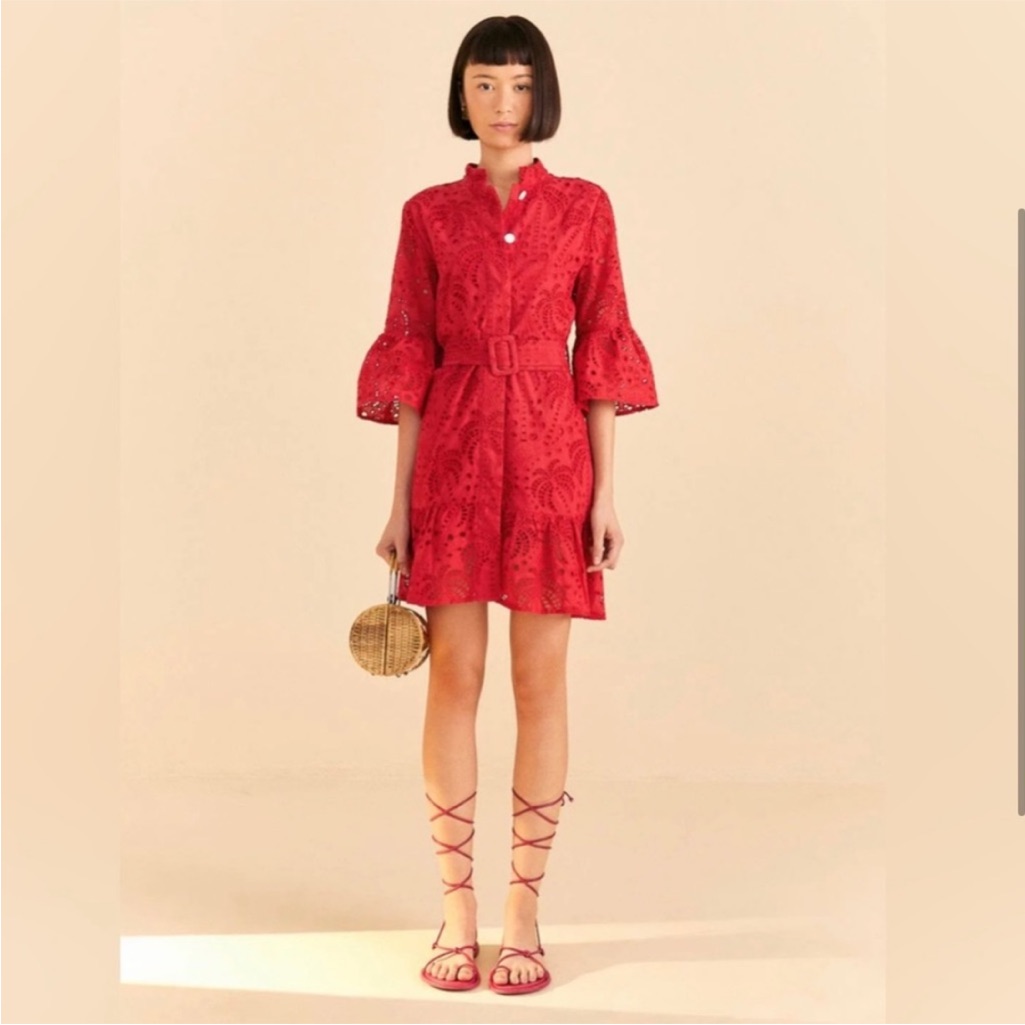 Farm Rio Red Palm Tree Mini Dress Eyelet Belted Size L Nwt